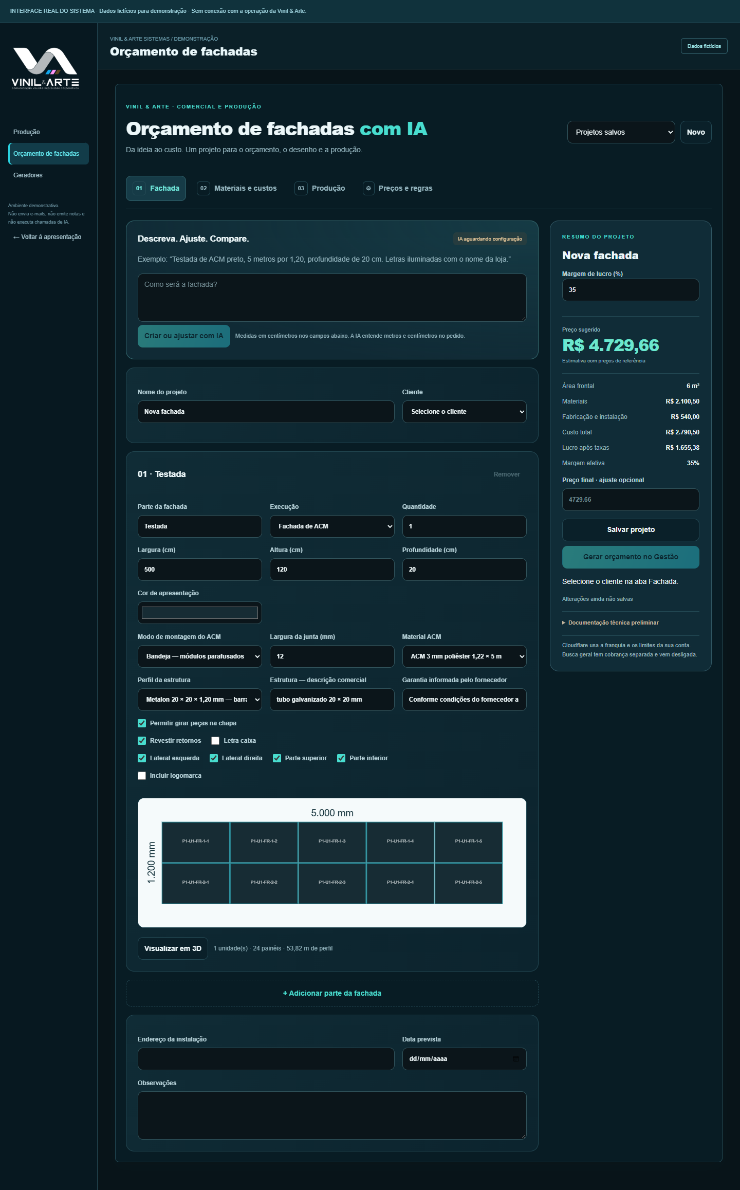 Tela real do orçamento de fachadas com medidas, montagem e configuração de materiais