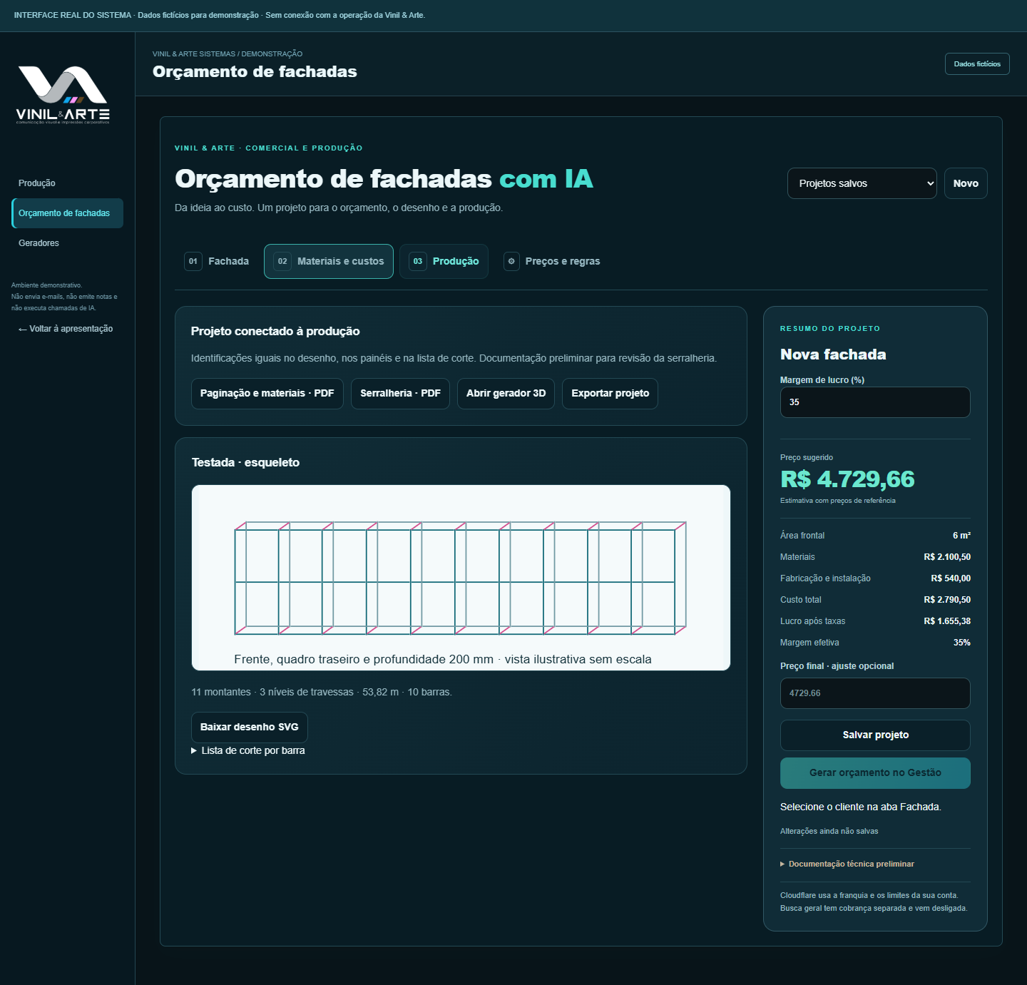 Tela real de produção da fachada com paginação, estrutura e relatórios PDF